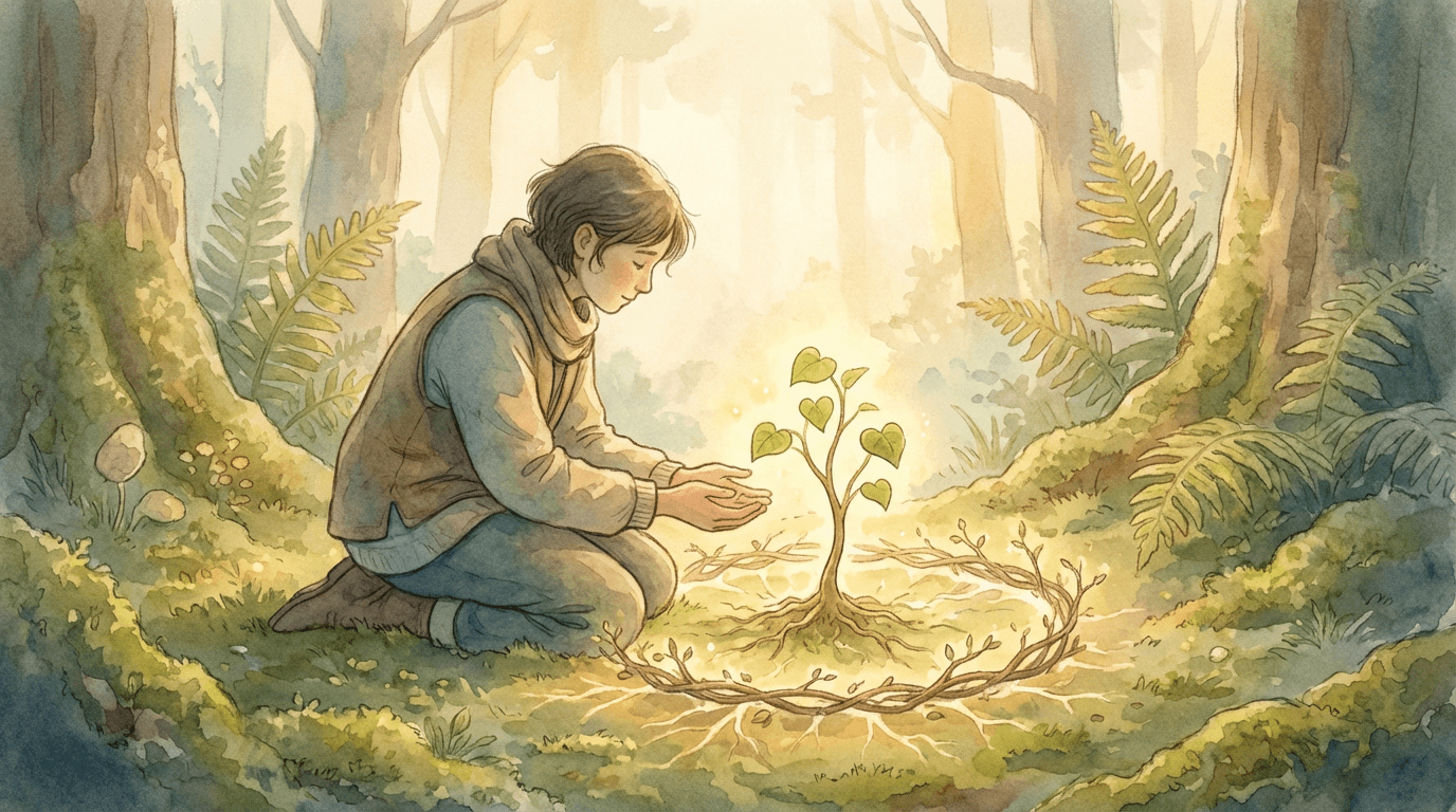 Personne sensible prenant soin d’une jeune pousse en forêt, symbole de force intérieure, de reconstruction et de respect de soi après l’épuisement