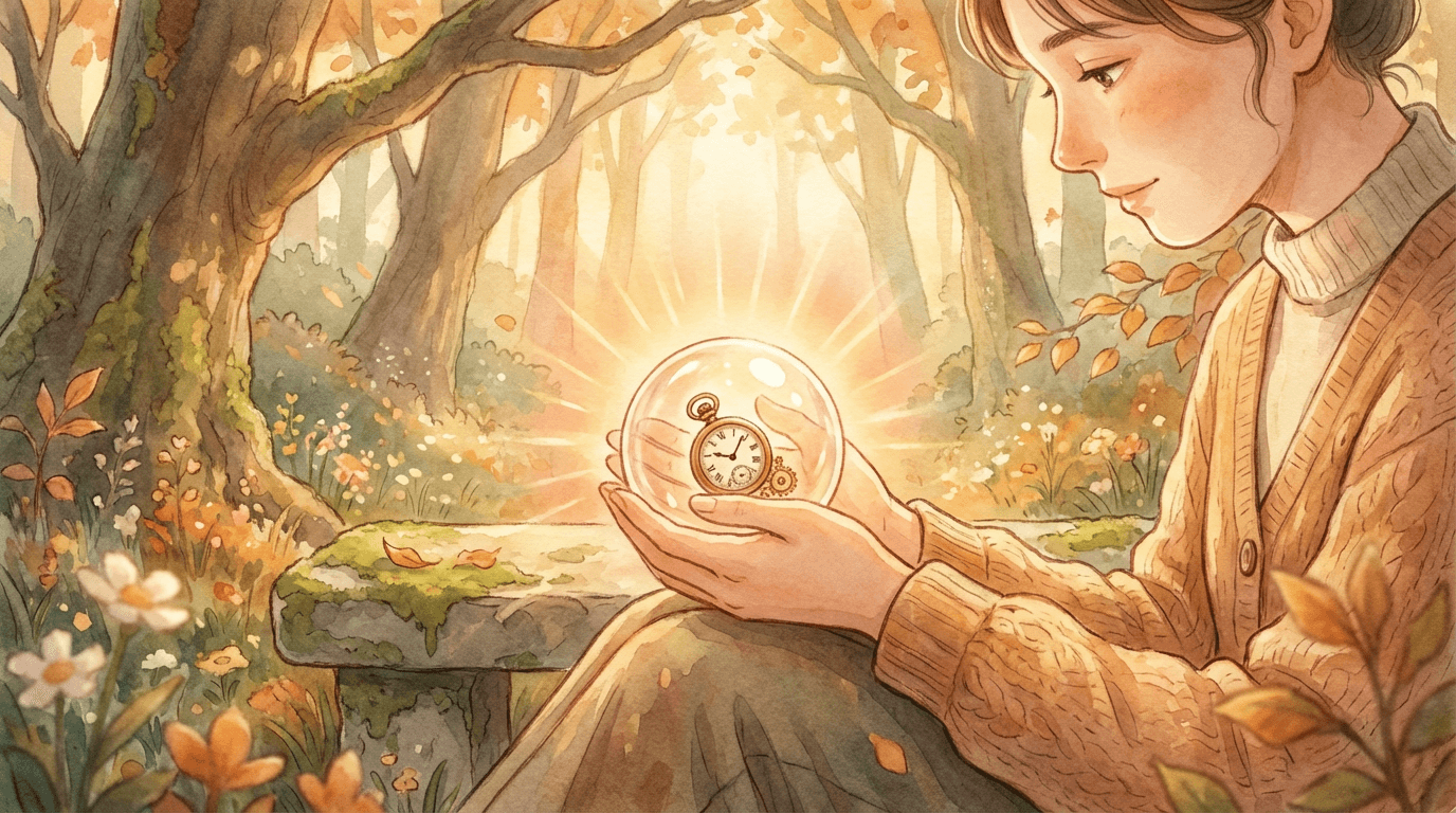 Personne sensible tenant une lumière symbolique dans une forêt, représentant la richesse intérieure, l’amour et le retour à l’essentiel