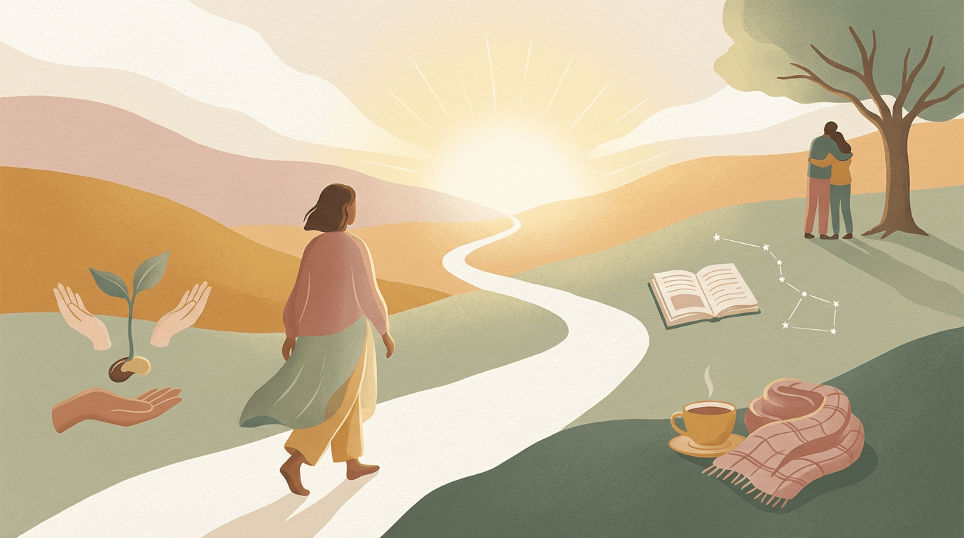 Personne marchant sur un chemin sinueux au lever du soleil, traversant un paysage doux et ouvert, symbolisant un avenir construit pas à pas.