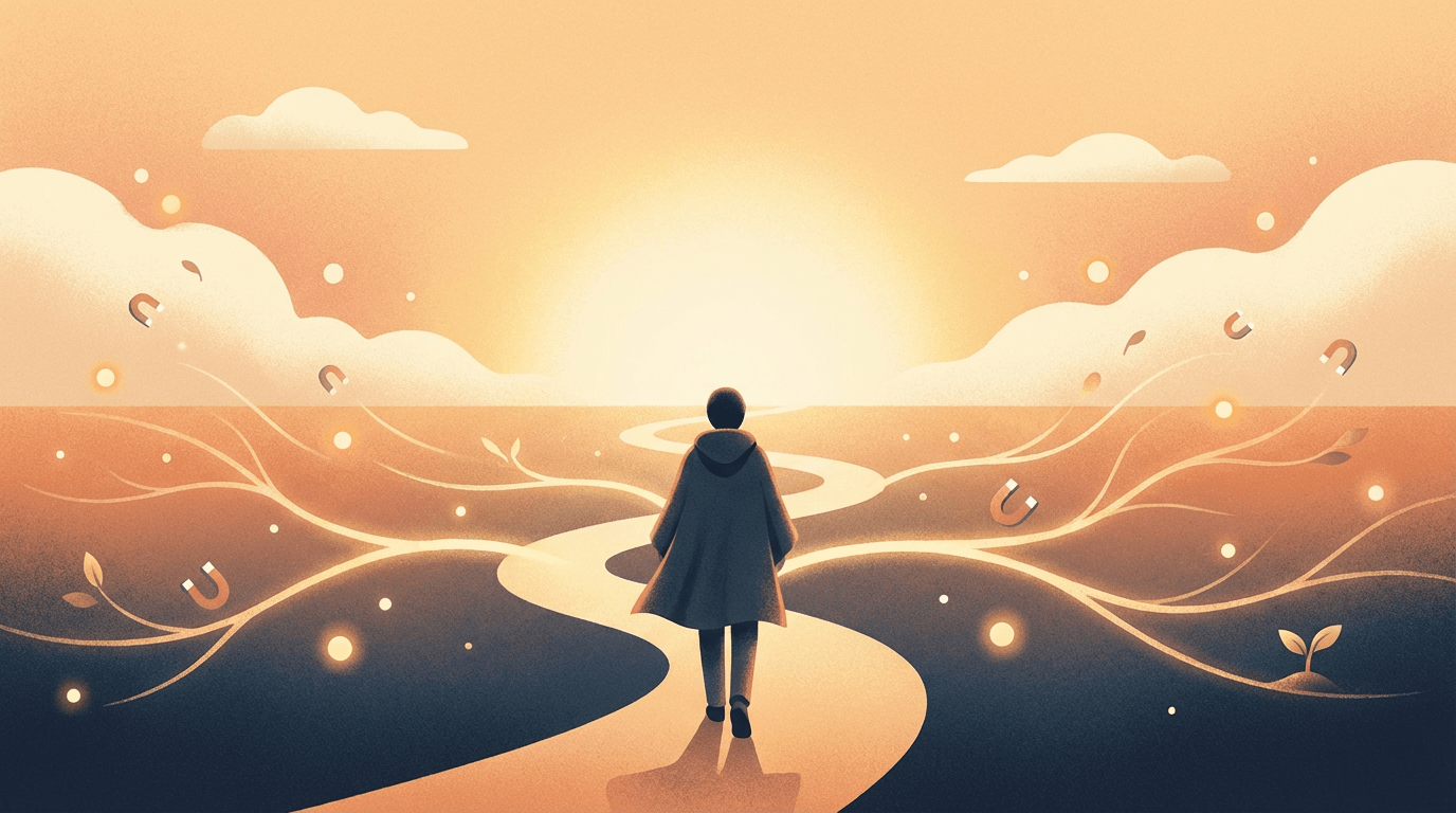 Personne debout sur un chemin lumineux face à l’horizon, avançant calmement au lever du soleil, symbolisant un choix conscient et aligné.
