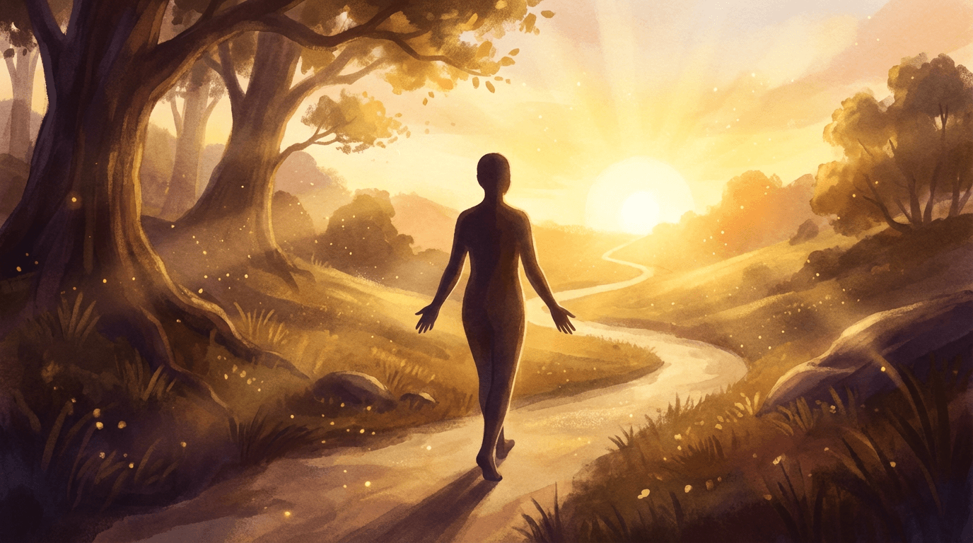 Personne marchant sereinement sur un chemin lumineux entre les arbres, avançant vers l’horizon au lever du soleil, symbolisant un chemin intérieur apaisé.