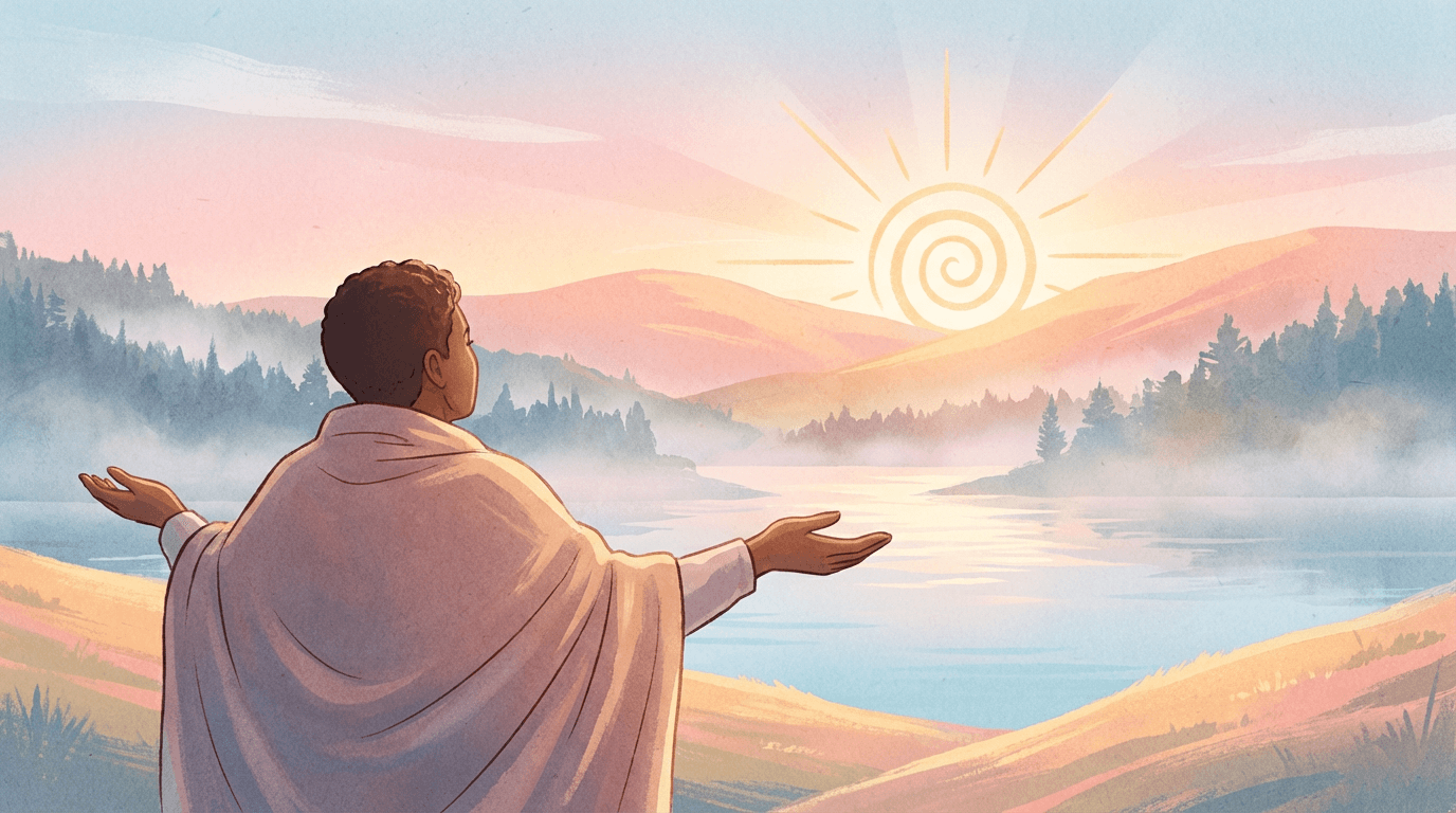Personne debout face à un paysage lumineux, bras ouverts vers un soleil levant au-dessus d’un lac calme, symbolisant une confiance qui s’ouvre et s’ancre.