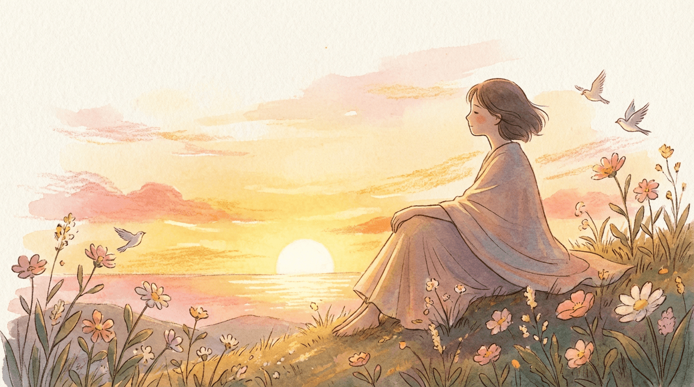 Personne assise dans une prairie fleurie au coucher du soleil, regard tourné vers l’horizon, respirant calmement dans un paysage doux, symbolisant une confiance qui s’ancre.