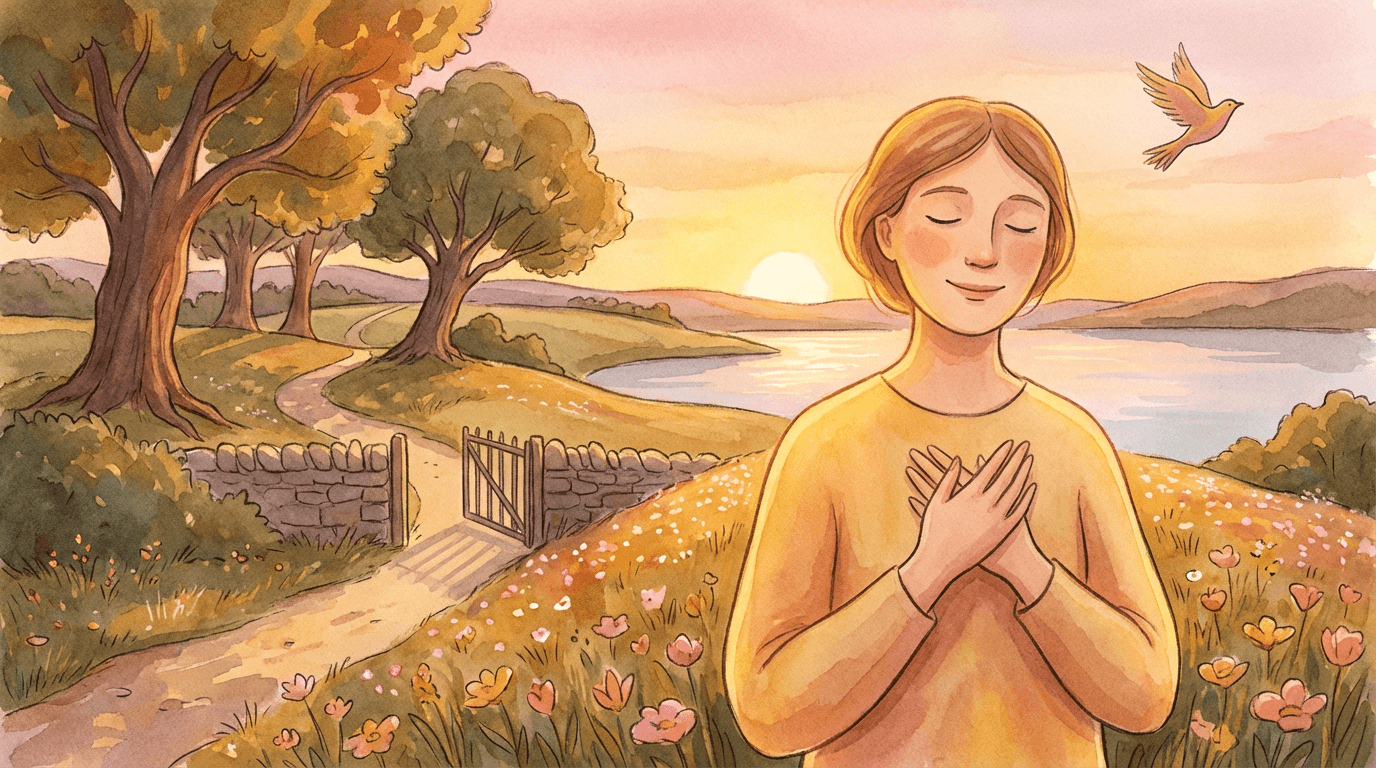 Personne debout dans une prairie au coucher du soleil, mains posées sur le cœur, respirant paisiblement face à un paysage ouvert, symbolisant une confiance retrouvée.