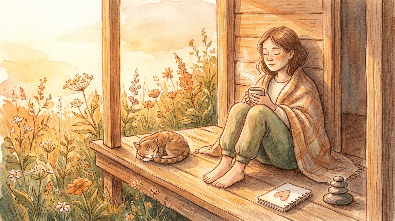 Personne assise sur un perron en bois, tenant une tasse chaude près d’un chat endormi, entourée de fleurs douces, symbolisant un retour calme à soi.