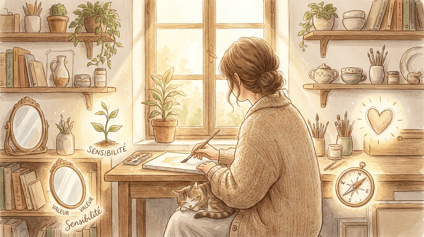 Personne assise à un bureau en bois près d’une fenêtre lumineuse, écrivant calmement entourée de plantes et d’objets familiers, symbolisant une valeur reconnue et posée.