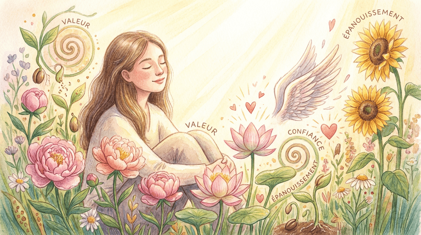 Personne assise parmi des fleurs colorées, yeux fermés et sourire paisible, entourée de symboles doux de valeur et de confiance, symbolisant une estime retrouvée.