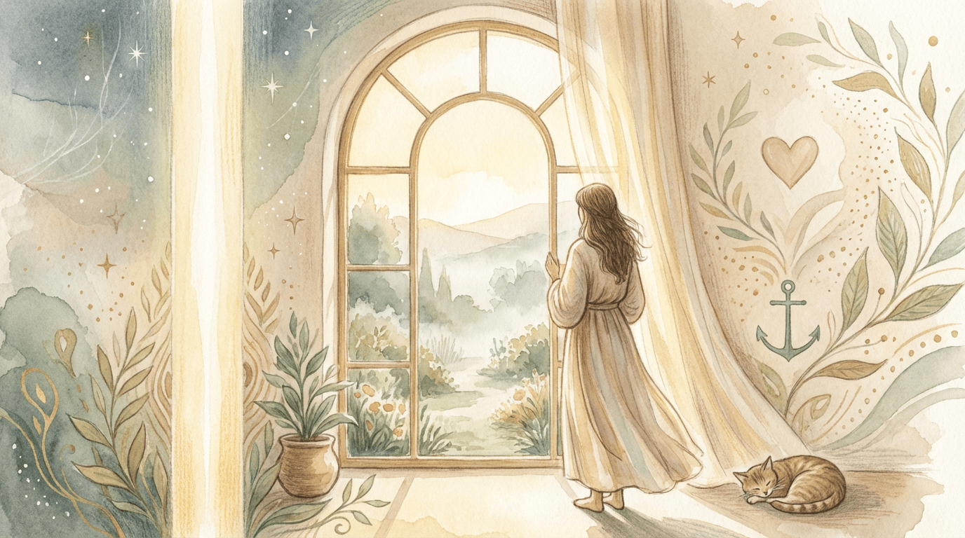 Personne debout près d’une grande fenêtre ouverte, regard tourné vers un paysage lumineux et calme, symbolisant une vision intérieure claire et alignée.