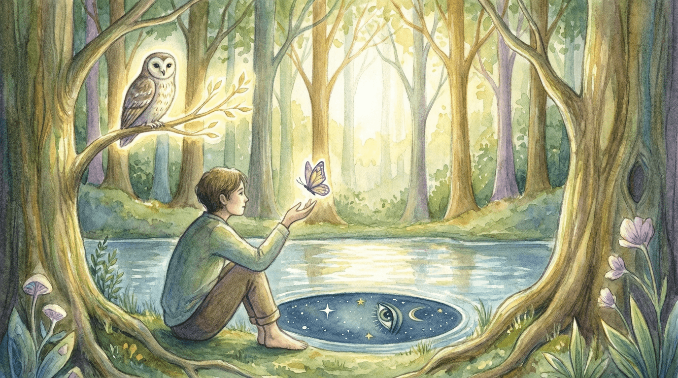 Personne assise au bord d’un étang en forêt, observant un papillon dans une lumière douce filtrée par les arbres, symbolisant une confiance qui se révèle.