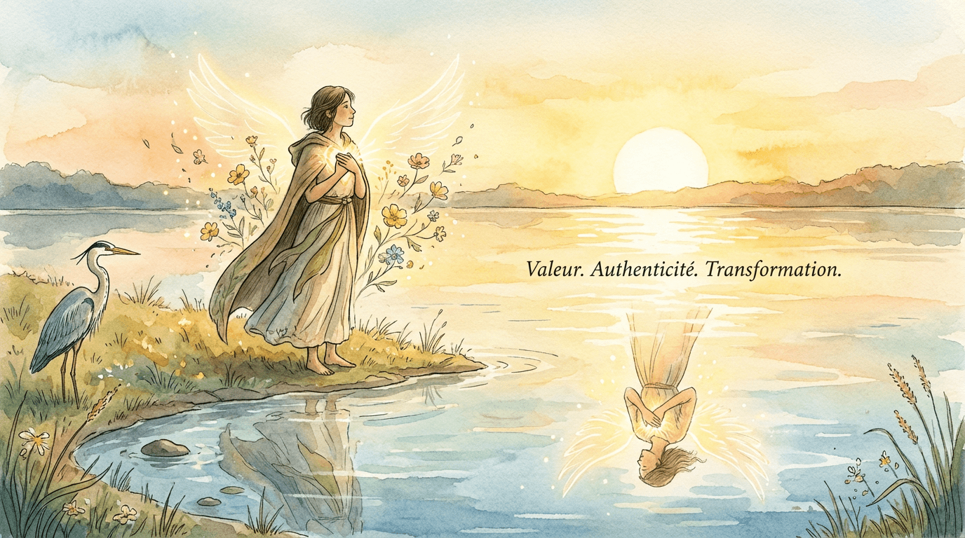 Personne marchant au bord de l’eau au lever du soleil, regard tourné vers son reflet lumineux, entourée de nature calme, symbolisant une authenticité retrouvée.