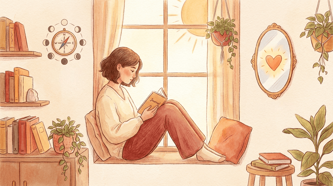 Personne assise près d’une fenêtre lumineuse, lisant calmement dans un intérieur chaleureux entouré de livres et de plantes, symbolisant une reconnexion douce à ses talents.