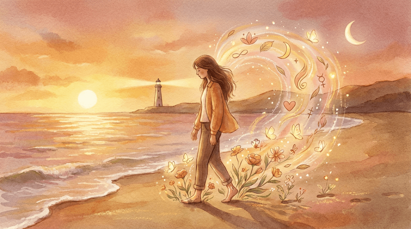 Personne marchant pieds nus sur une plage au coucher du soleil, entourée d’un mouvement lumineux doux, avançant vers l’horizon marin, symbolisant une guérison incarnée.
