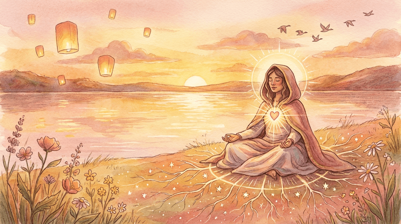 Personne assise au bord d’un lac au coucher du soleil, mains posées sur le cœur, entourée de lanternes flottantes, symbolisant une reconnaissance intérieure apaisée.