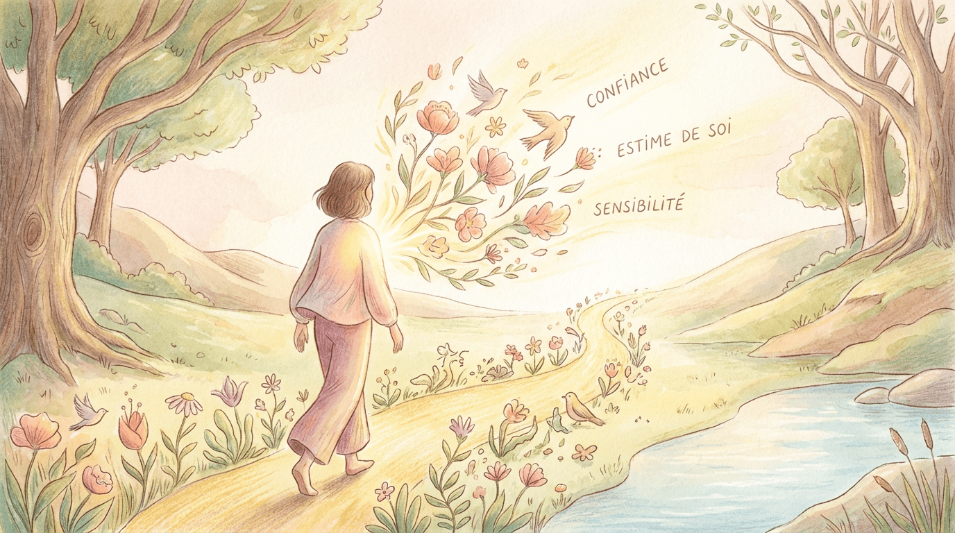 Personne marchant sur un chemin bordé d’arbres et de fleurs, avançant vers une lumière douce au loin, symbolisant un potentiel reconnu et libéré.