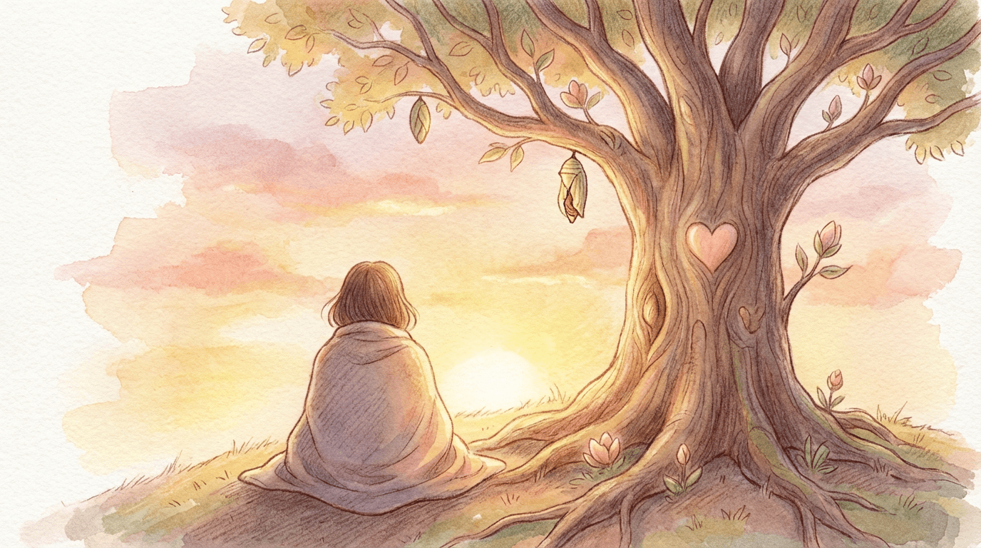 Personne assise au pied d’un arbre aux racines en forme de cœur, regard tourné vers l’horizon, lumière douce du coucher de soleil