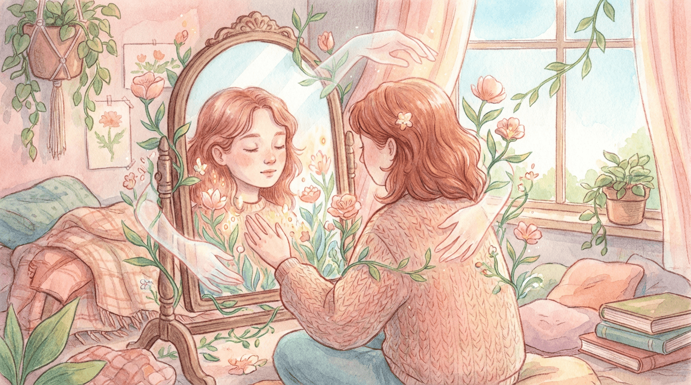 Personne se regardant dans un miroir entouré de plantes, main posée sur le cœur, lumière douce entrant par la fenêtre