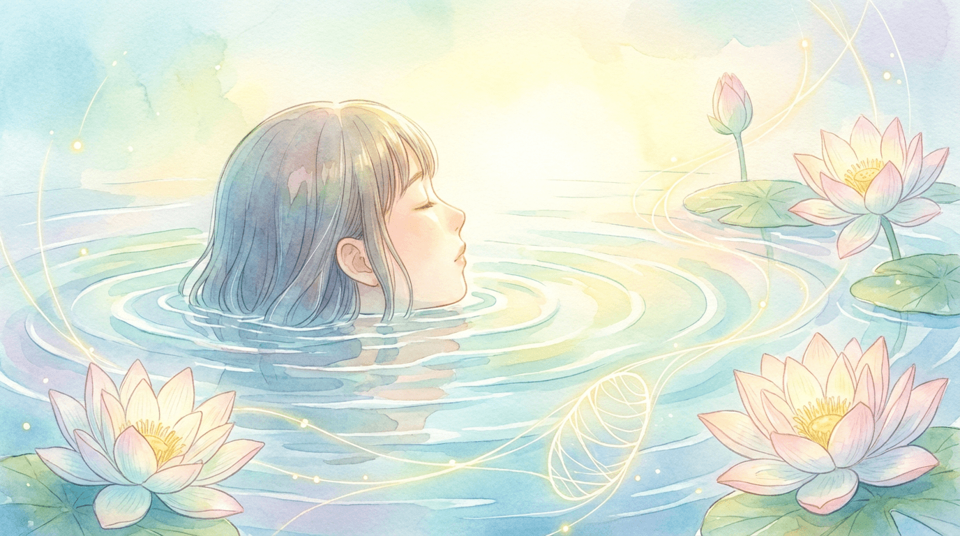 Personne flottant paisiblement dans l’eau entourée de lotus, yeux fermés, respiration calme, lumière douce du matin
