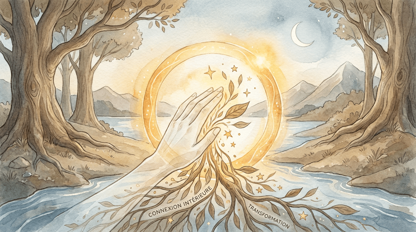 Mains ouvertes au-dessus d’une rivière entre deux arbres, feuilles dorées s’élevant vers une lumière circulaire, paysage calme et symbolique