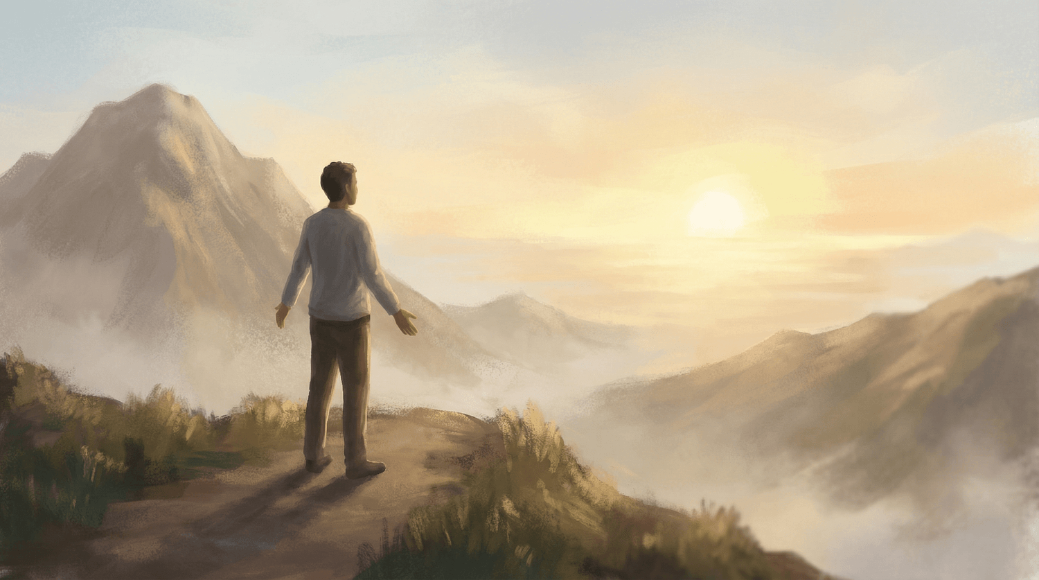 Une personne debout sur un sentier de montagne observe l’horizon au lever du jour, symbole d’un nouveau regard posé sur soi.