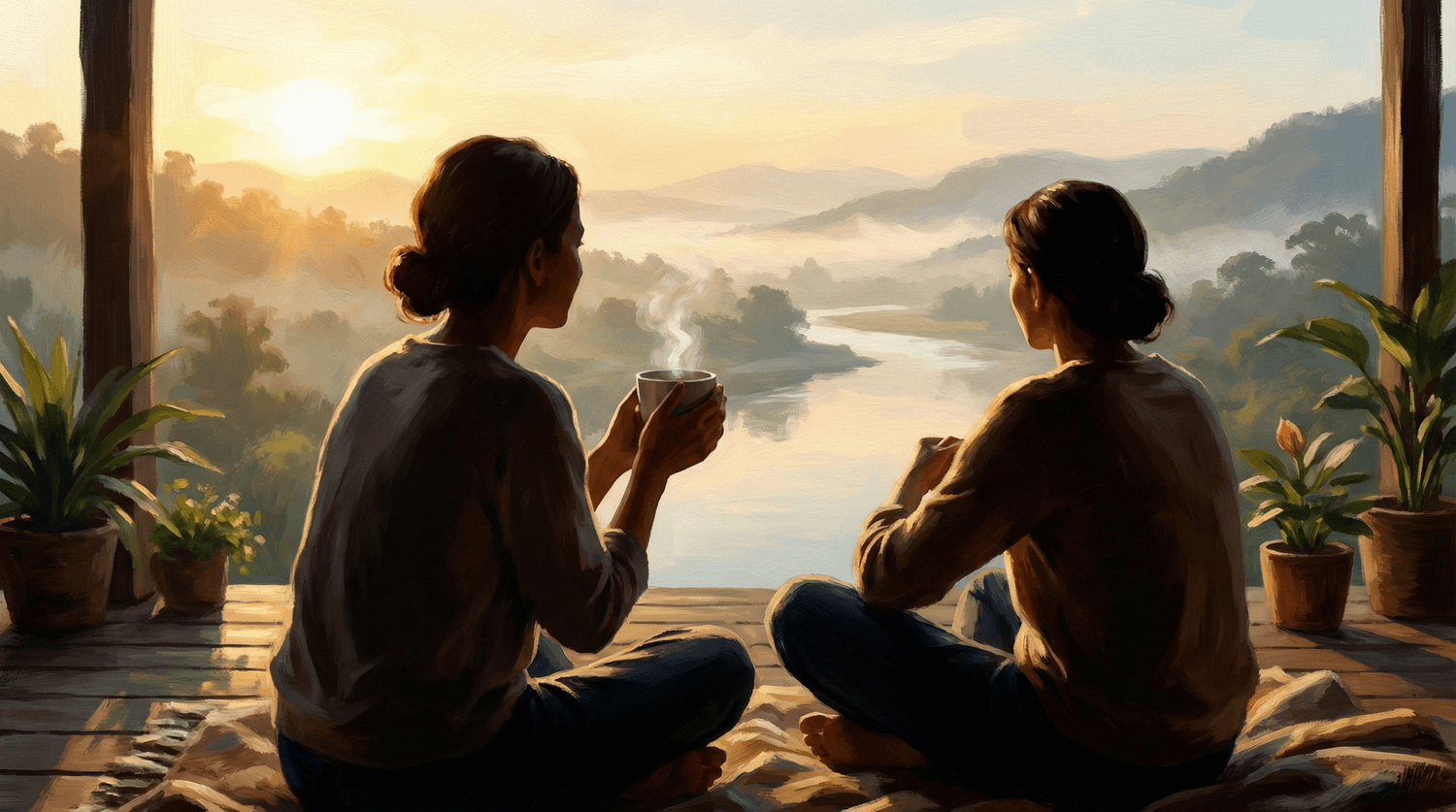 Une personne assise avec une tasse chaude observe calmement le paysage depuis une terrasse au matin.