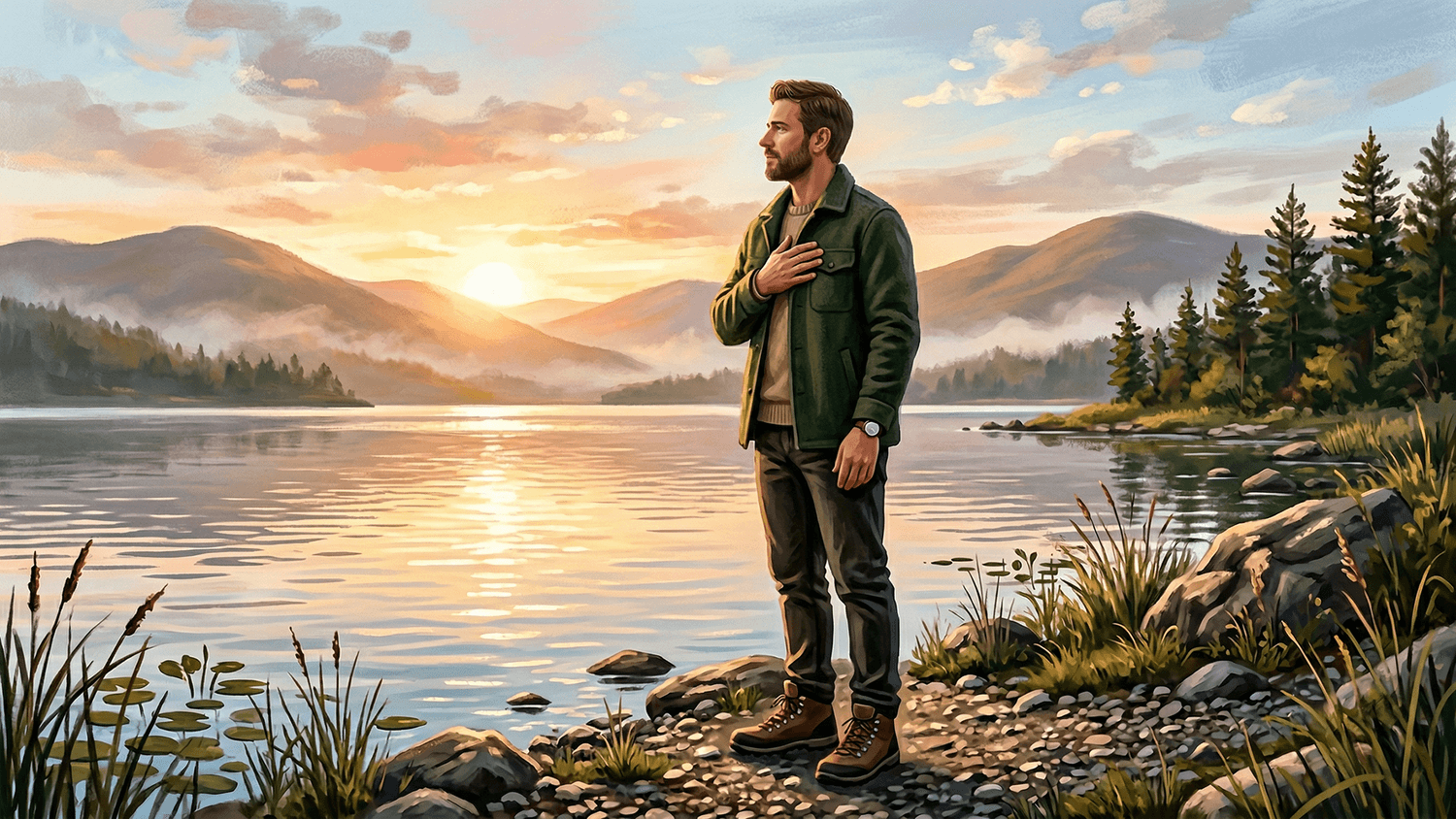 Homme debout au bord d’un lac au lever du soleil, main sur le cœur, regard tourné vers l’horizon lumineux.