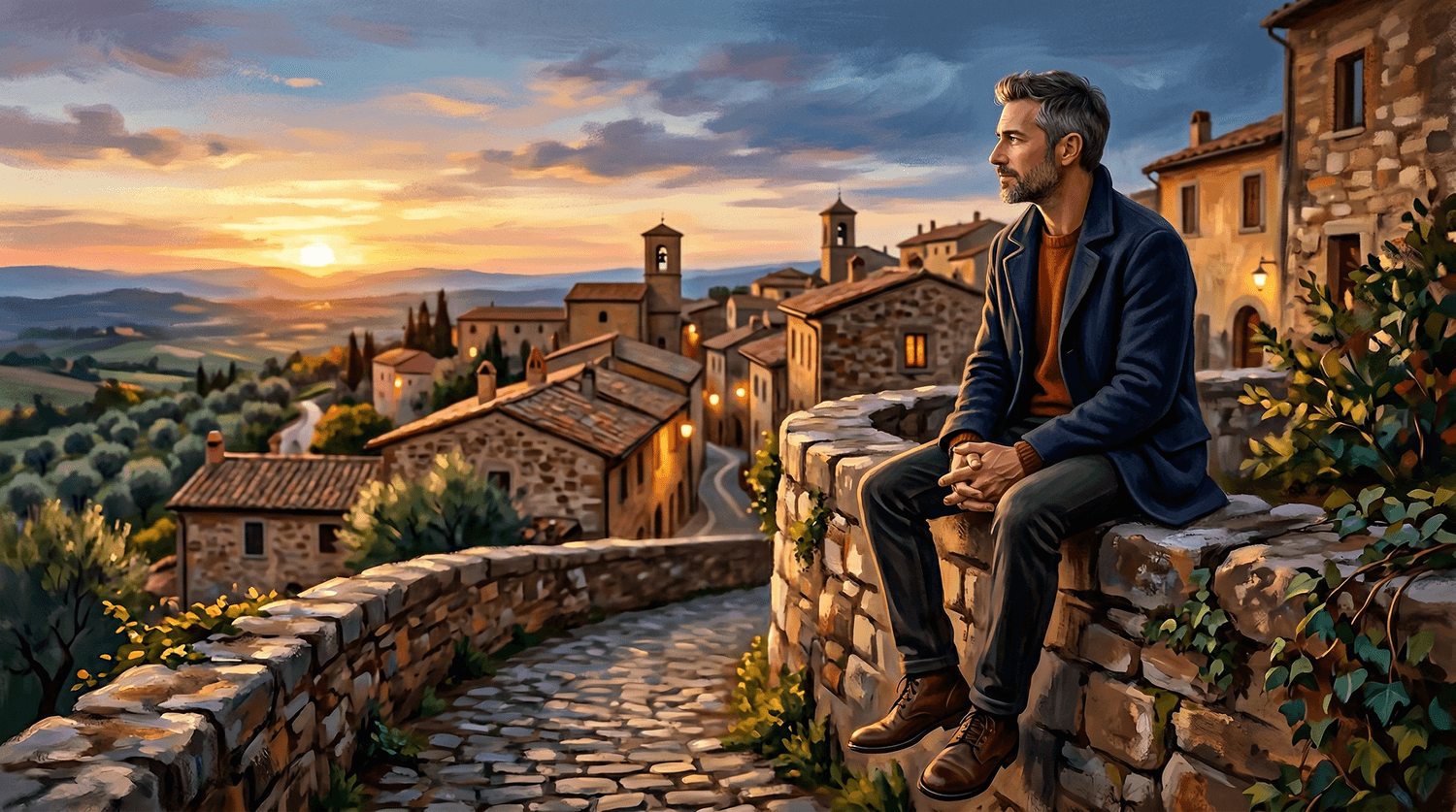 Homme assis sur un muret au crépuscule, regard tourné vers l’horizon lumineux d’une ville calme.