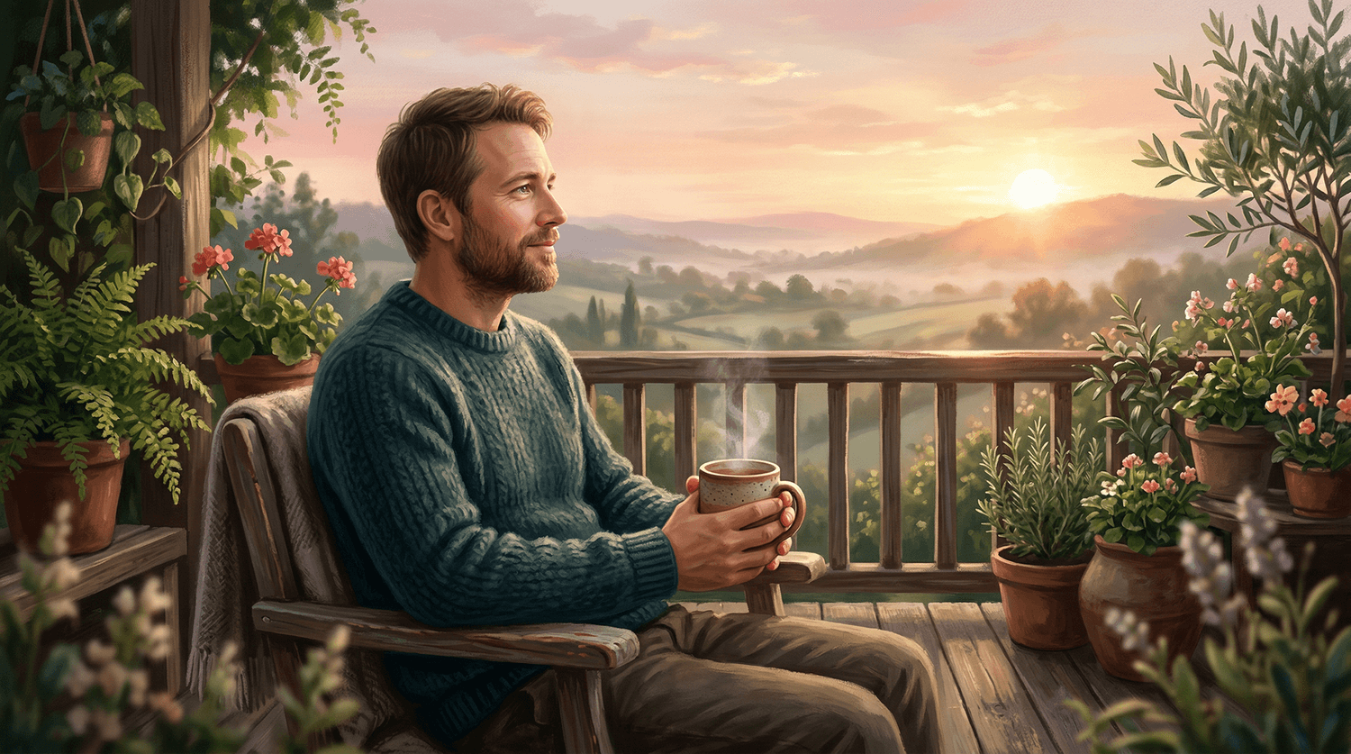 Homme assis sur une terrasse au lever du soleil, tasse chaude en main, regard paisible vers la lumière.