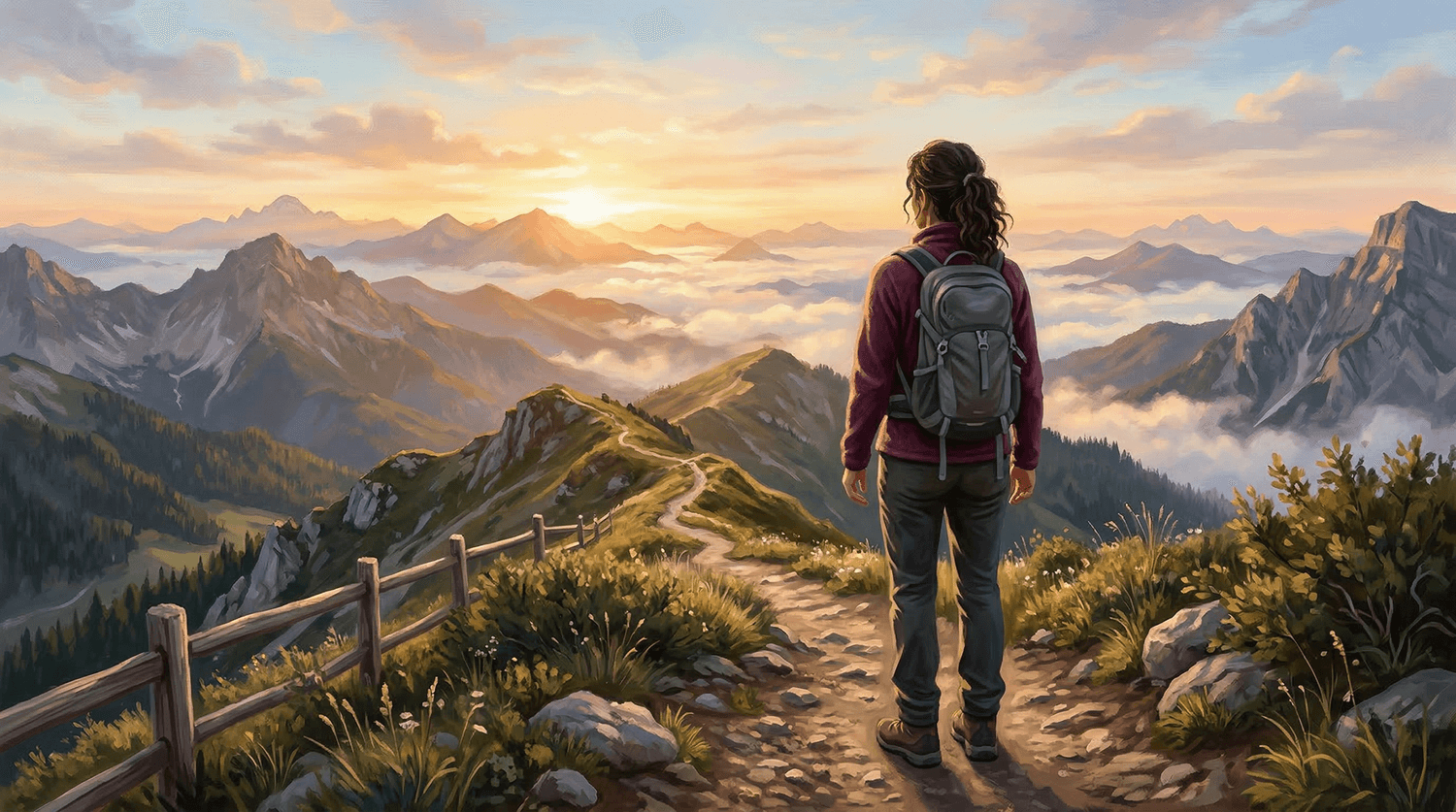 Personne debout sur un chemin de montagne au lever du soleil, regard tourné vers l’horizon lumineux, symbole d’une prise de conscience intérieure.