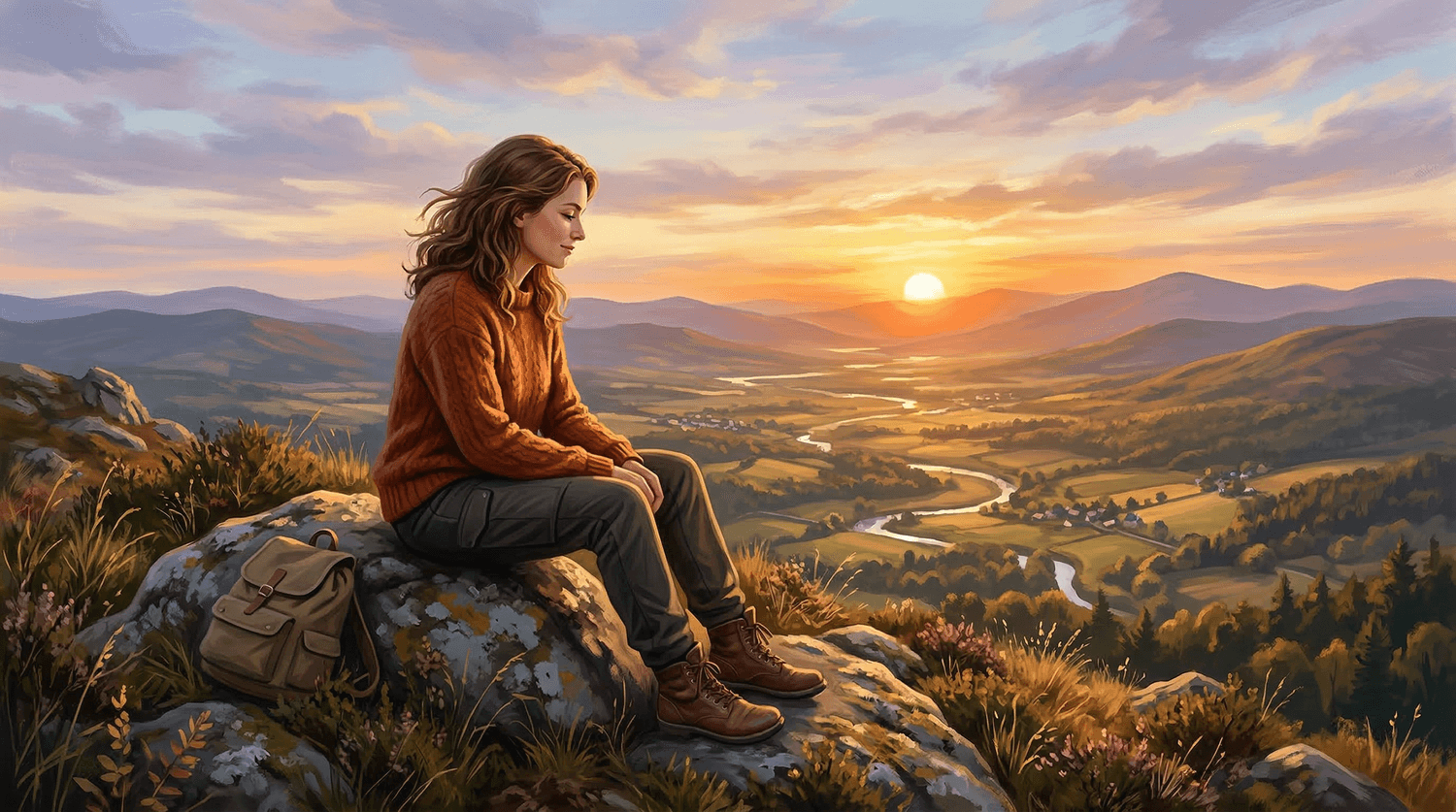 Personne assise sur un rocher face à une vallée lumineuse, posture calme et regard posé vers l’horizon comme dans un moment de réalisation intérieure.
