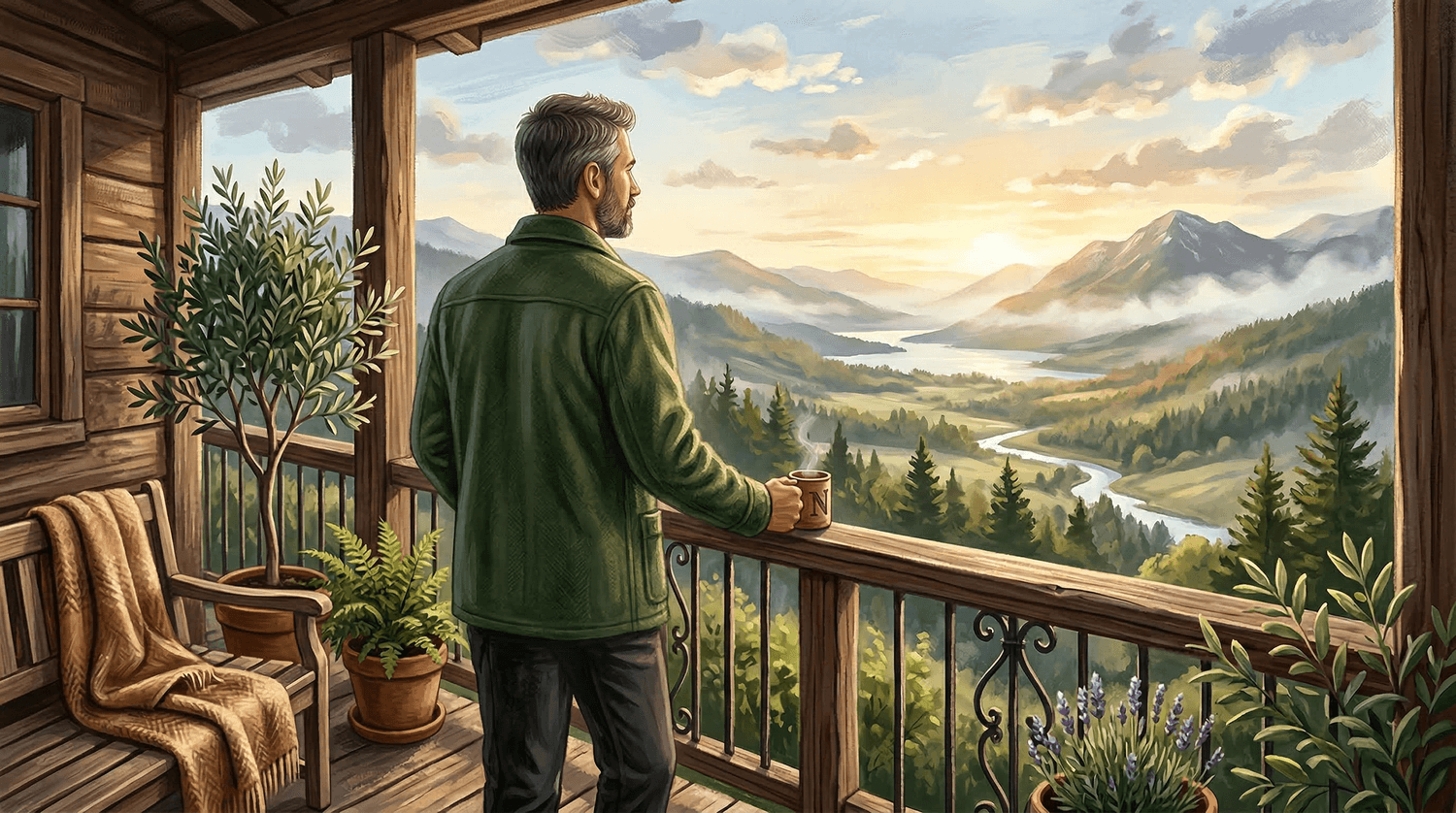 Homme debout sur une terrasse au matin avec une tasse de thé, regard paisible vers un paysage naturel baigné de lumière douce.