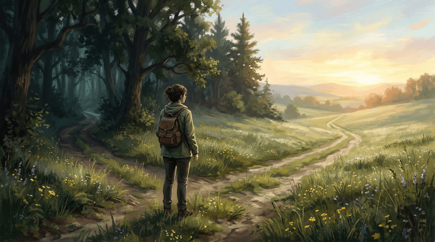 Personne debout à un croisement de chemins dans une prairie lumineuse, regard posé vers un sentier éclairé par le soleil du matin.