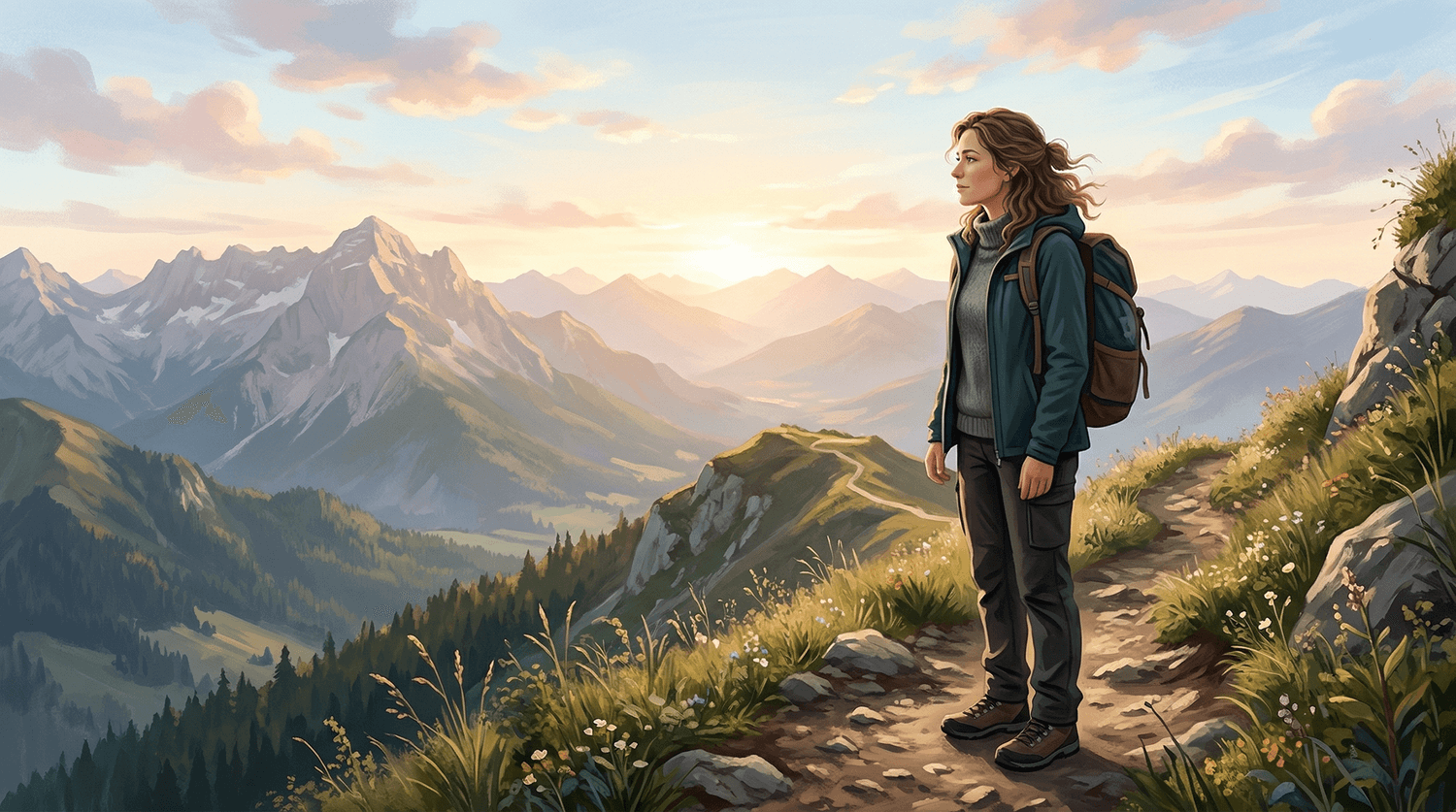 Femme immobile regardant l’horizon sur un chemin de montagne au lever du jour