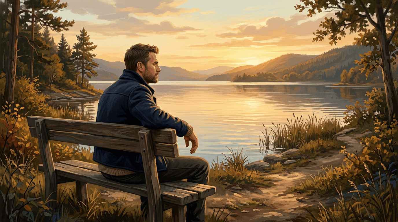 Homme assis face à un lac calme observant l’horizon en fin de journée