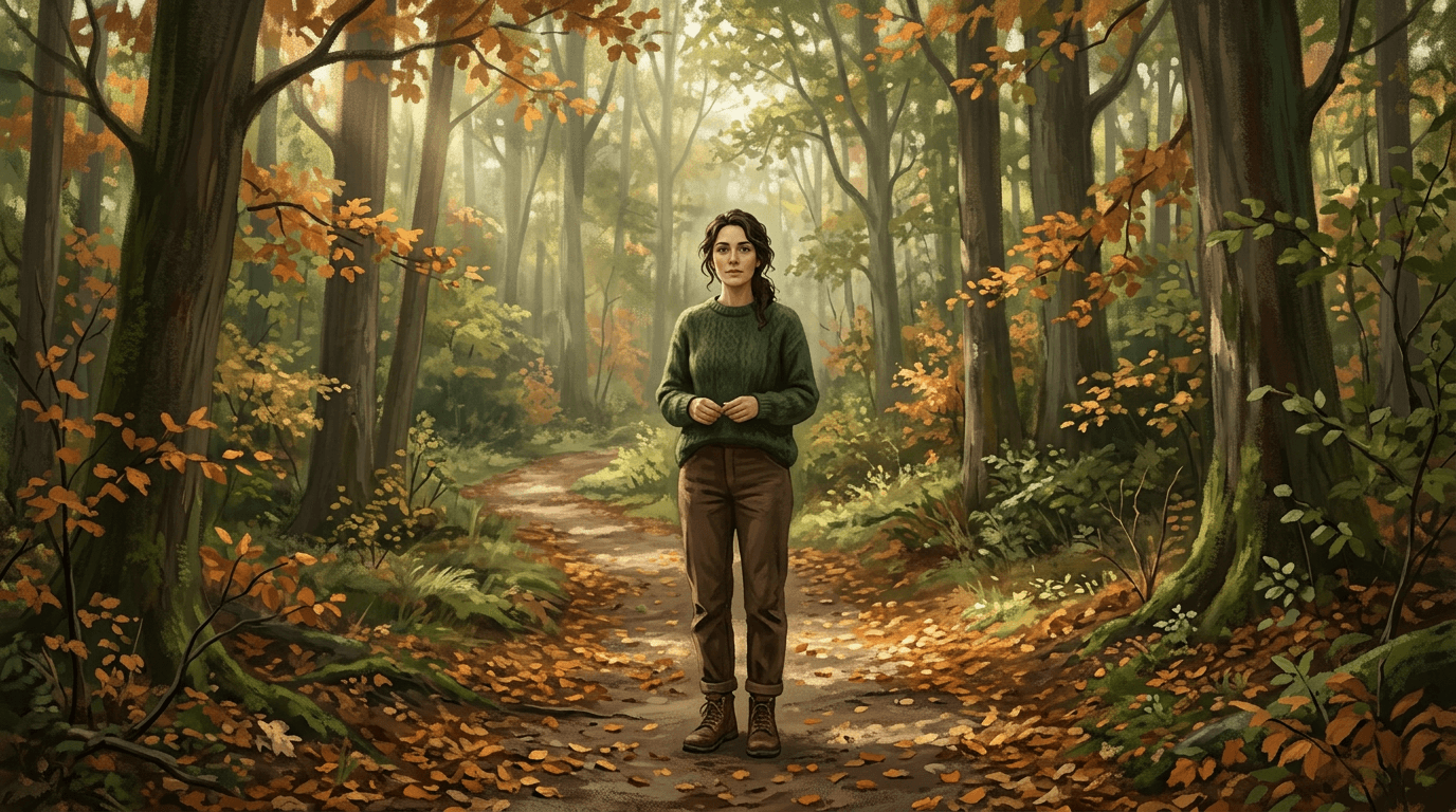Femme immobile au milieu d’un chemin forestier entourée d’arbres sous une lumière douce