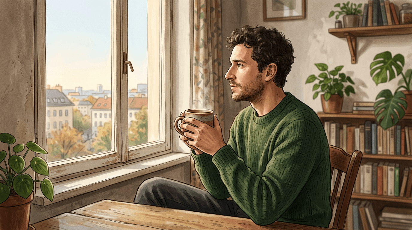 Homme assis près d’une fenêtre tenant une tasse et regardant dehors dans une lumière douce