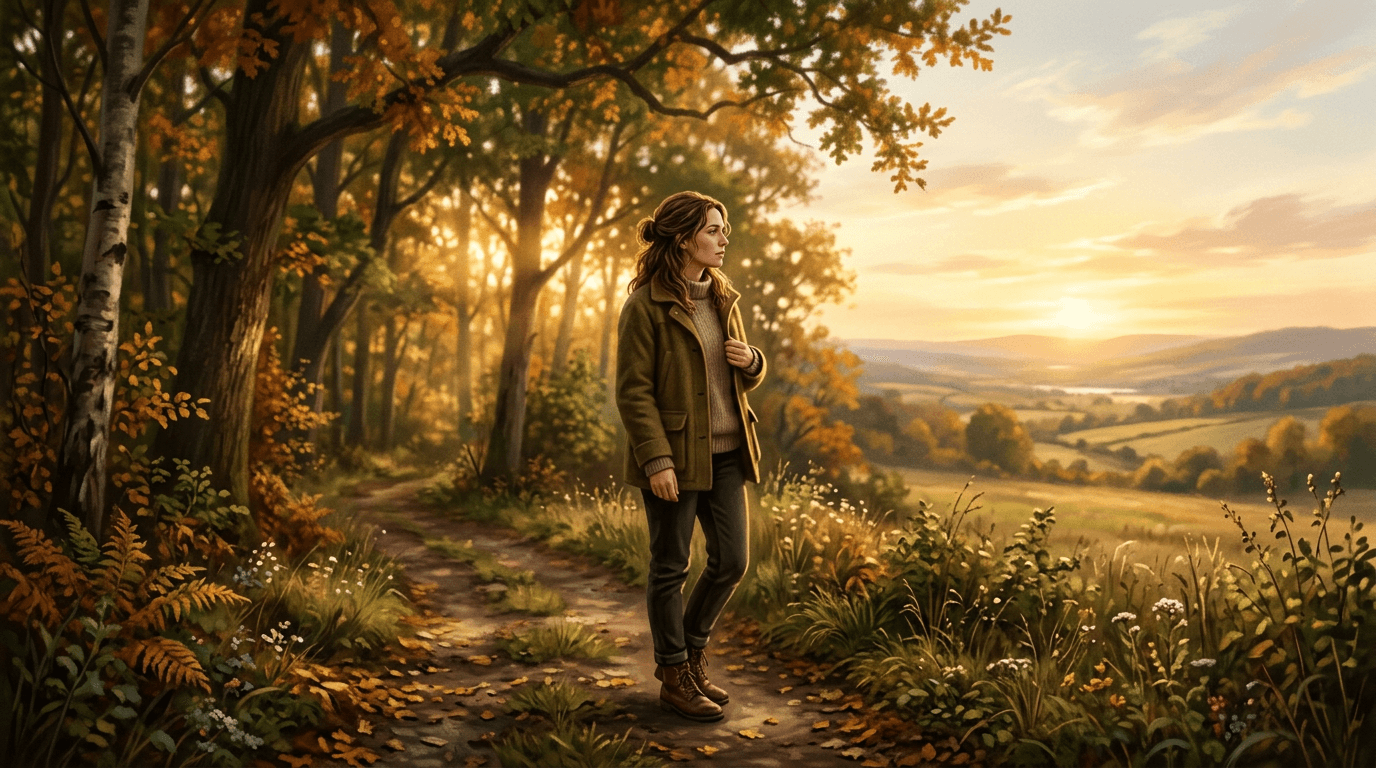 Personne debout sur un chemin forestier regardant la lumière à l’horizon dans un décor naturel apaisant