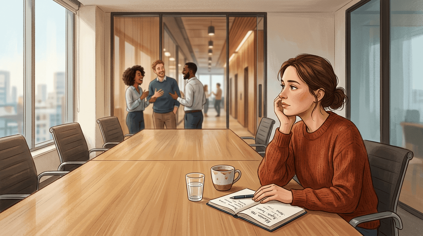 Une personne restant seule dans une salle de réunion vide, plongée dans ses pensées alors que les autres sont déjà partis, montrant que l'impact vient parfois de l'interprétation plus que de l'événement.