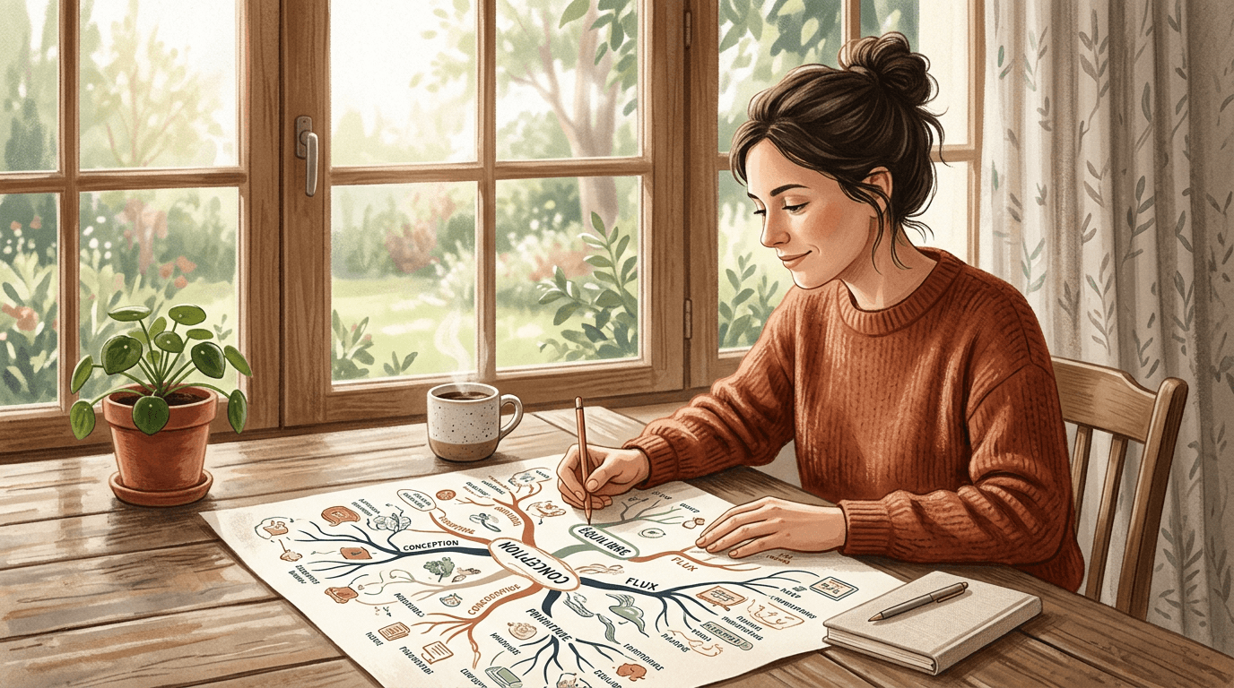 Une personne observant une Mindmap sur une table en bois, un crayon à la main, retrouvant progressivement de la clarté pour mieux comprendre ce qui influence ses réactions et son estime de soi.