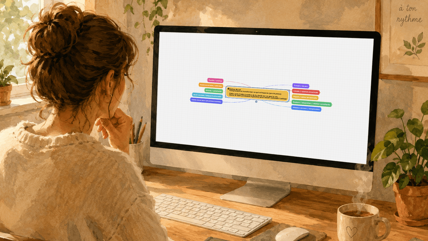 Femme consultant la Mindmap Estime de soi sur un ordinateur dans un bureau chaleureux, pour mieux comprendre ce qui influence ses réactions et retrouver de la clarté.