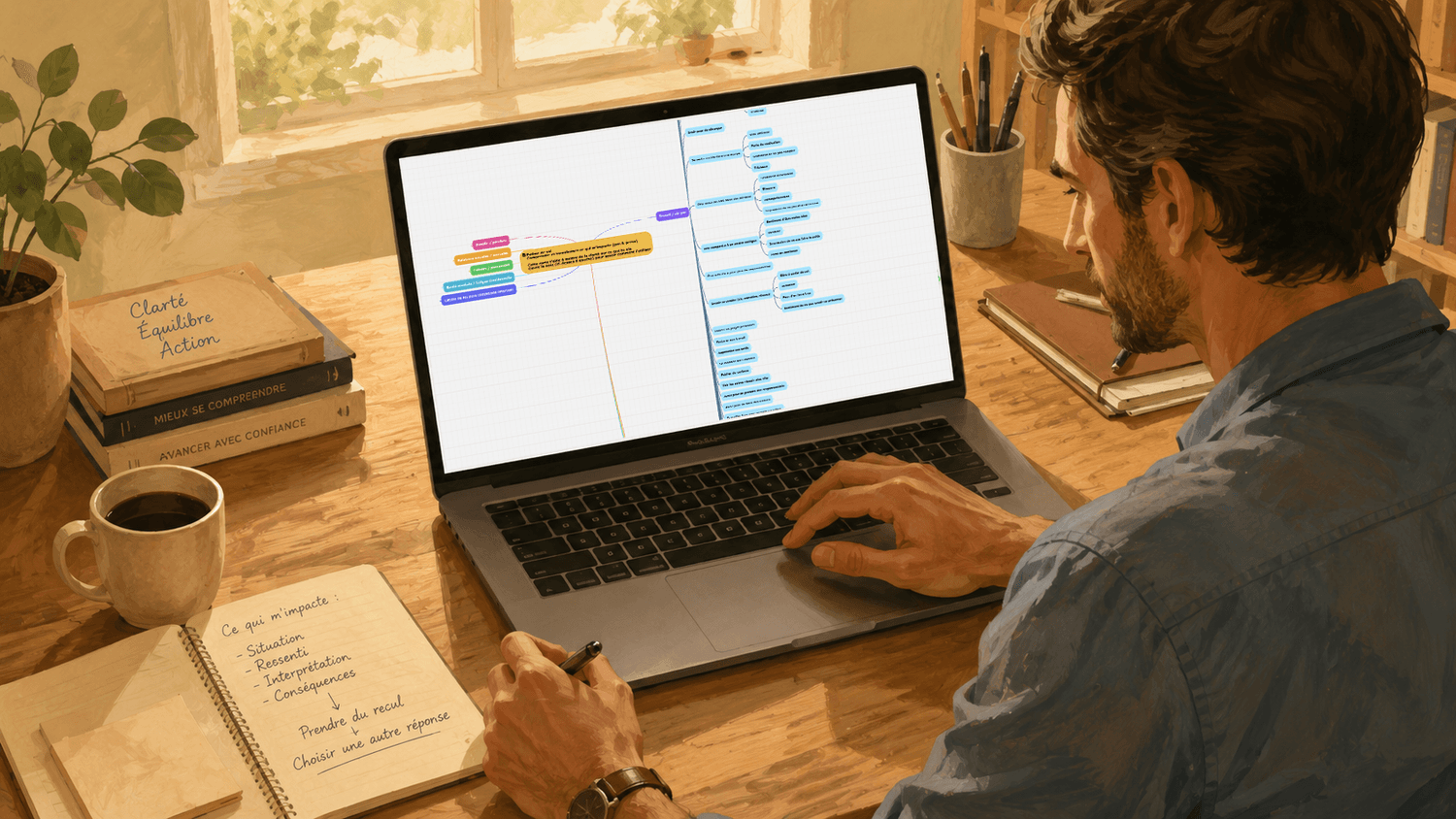 Homme utilisant la Mindmap Estime de soi sur un ordinateur portable, prenant des notes pour comprendre ce qui l'impacte et avancer avec davantage de recul.