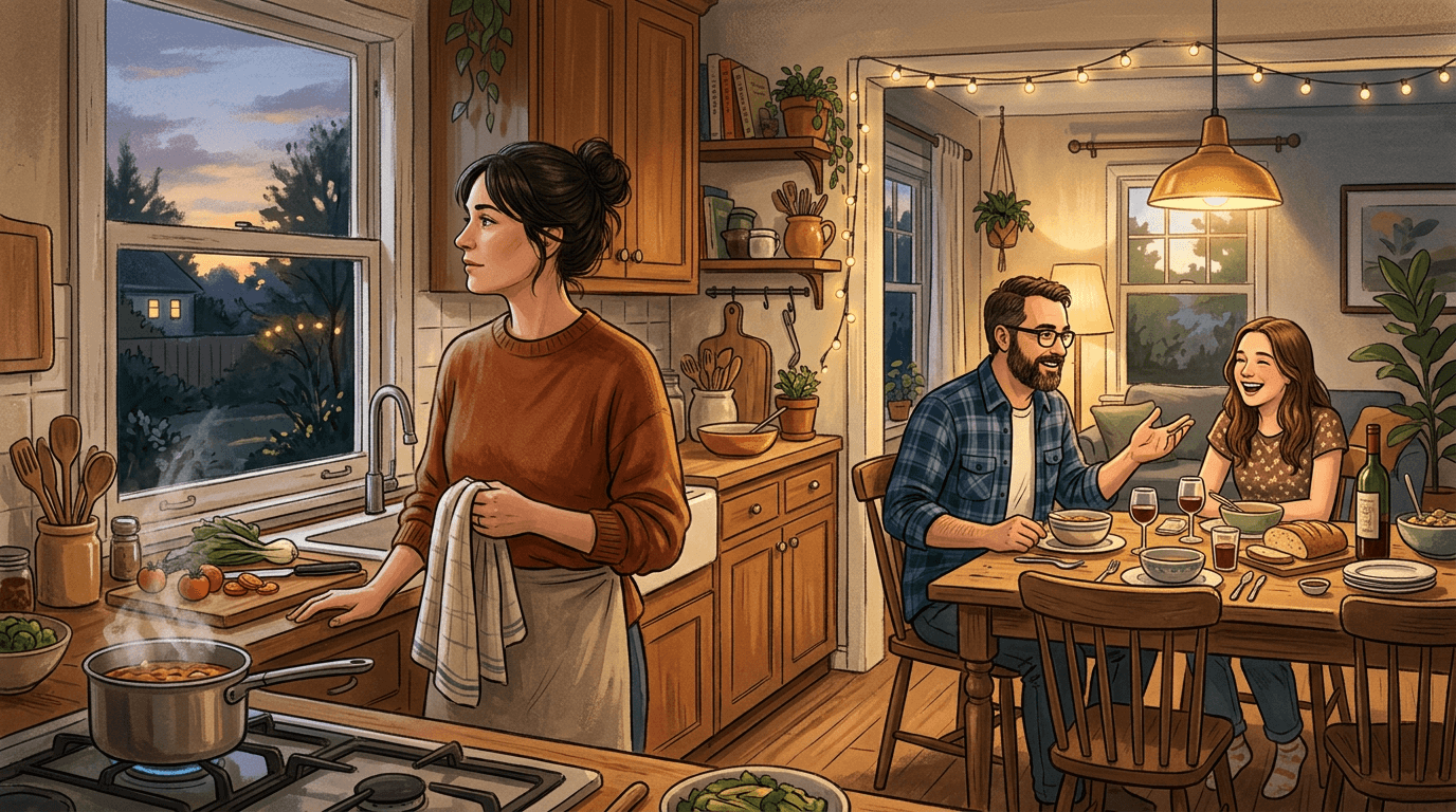 Une personne prépare le repas en famille tandis que son regard s'égare un instant vers une fenêtre, comme si une partie d'elle restait silencieuse malgré la vie qui continue.