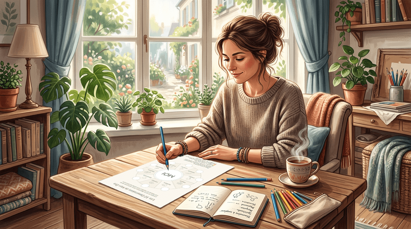 Une personne découvre le guide Les 10 Dimensions de Mon Être, accompagné d’un carnet de notes et de crayons de couleur, installée dans un salon lumineux et chaleureux.