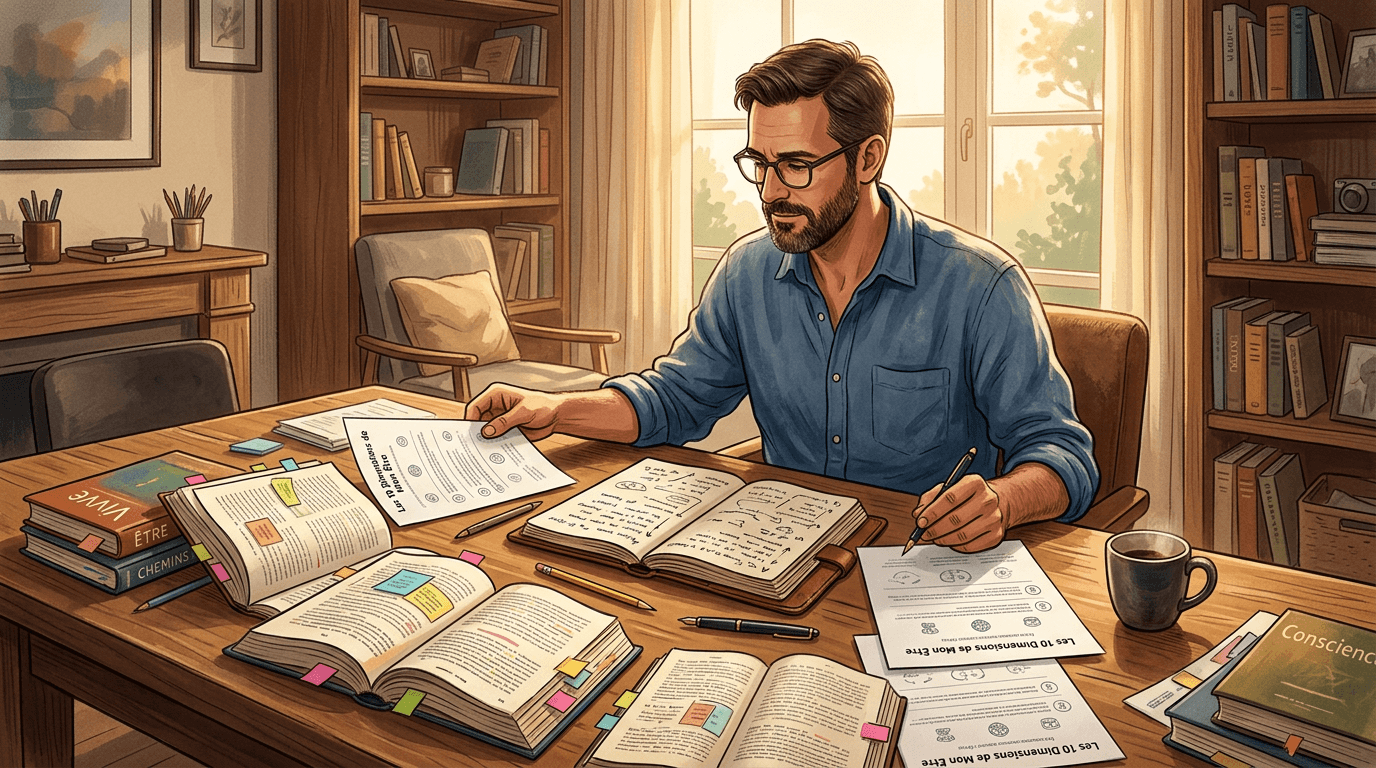 Un espace de travail chaleureux où des livres ouverts, un carnet rempli de notes et plusieurs feuilles imprimées témoignent de la construction progressive d’un guide de développement personnel.