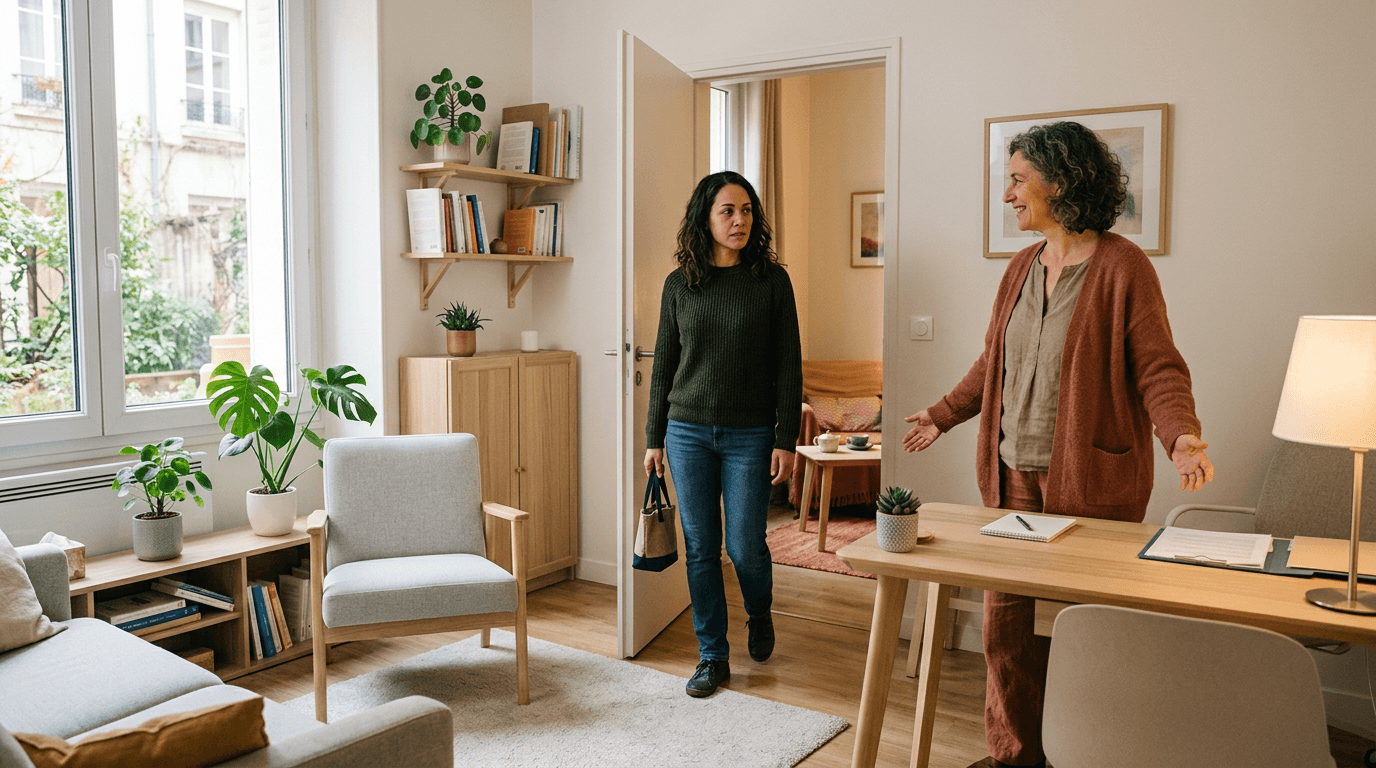 Une personne est accueillie chaleureusement par un accompagnant dans un espace lumineux et apaisant, illustrant le premier contact avec UMANOVA.