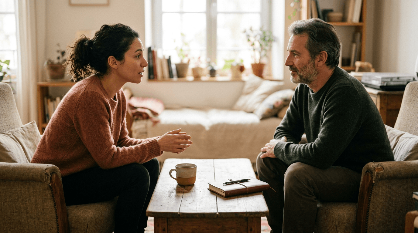 Une personne est accueillie chaleureusement par un accompagnant dans un espace lumineux et apaisant, illustrant le premier contact avec UMANOVA.