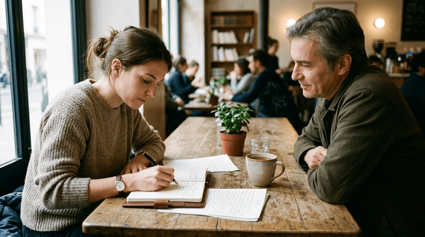 Une personne écrit dans un carnet pendant qu’un accompagnant reste présent et attentif, illustrant un accompagnement favorisant l’autonomie.