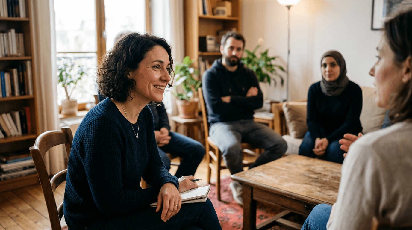 Une participante écoute une autre personne avec émotion et se reconnaît dans son témoignage pendant un atelier de groupe.