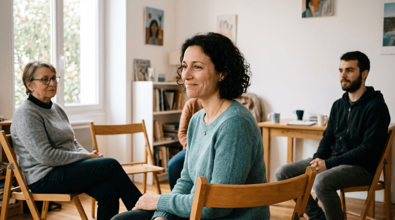 Une participante écoute attentivement un témoignage et laisse apparaître un léger sourire de soulagement en se reconnaissant dans ce qui est partagé.
