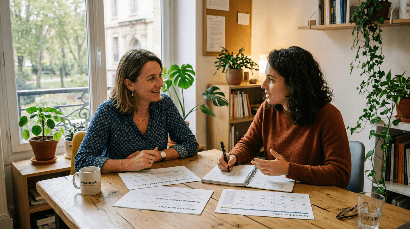 Une responsable d’établissement échange avec un intervenant UMANOVA autour d’un projet d’accompagnement destiné à ses équipes.