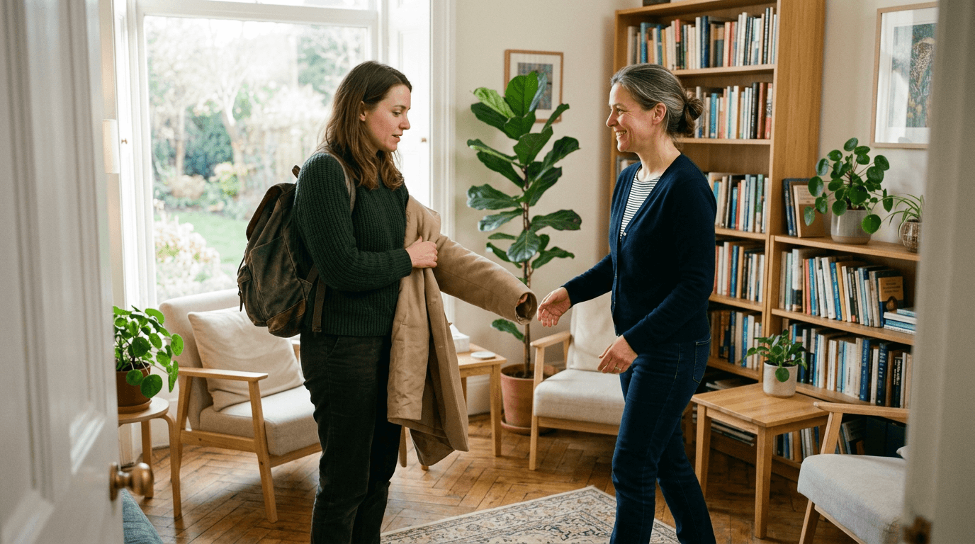 Une personne est accueillie avec simplicité lors de son premier rendez-vous d’accompagnement dans un espace chaleureux et rassurant.